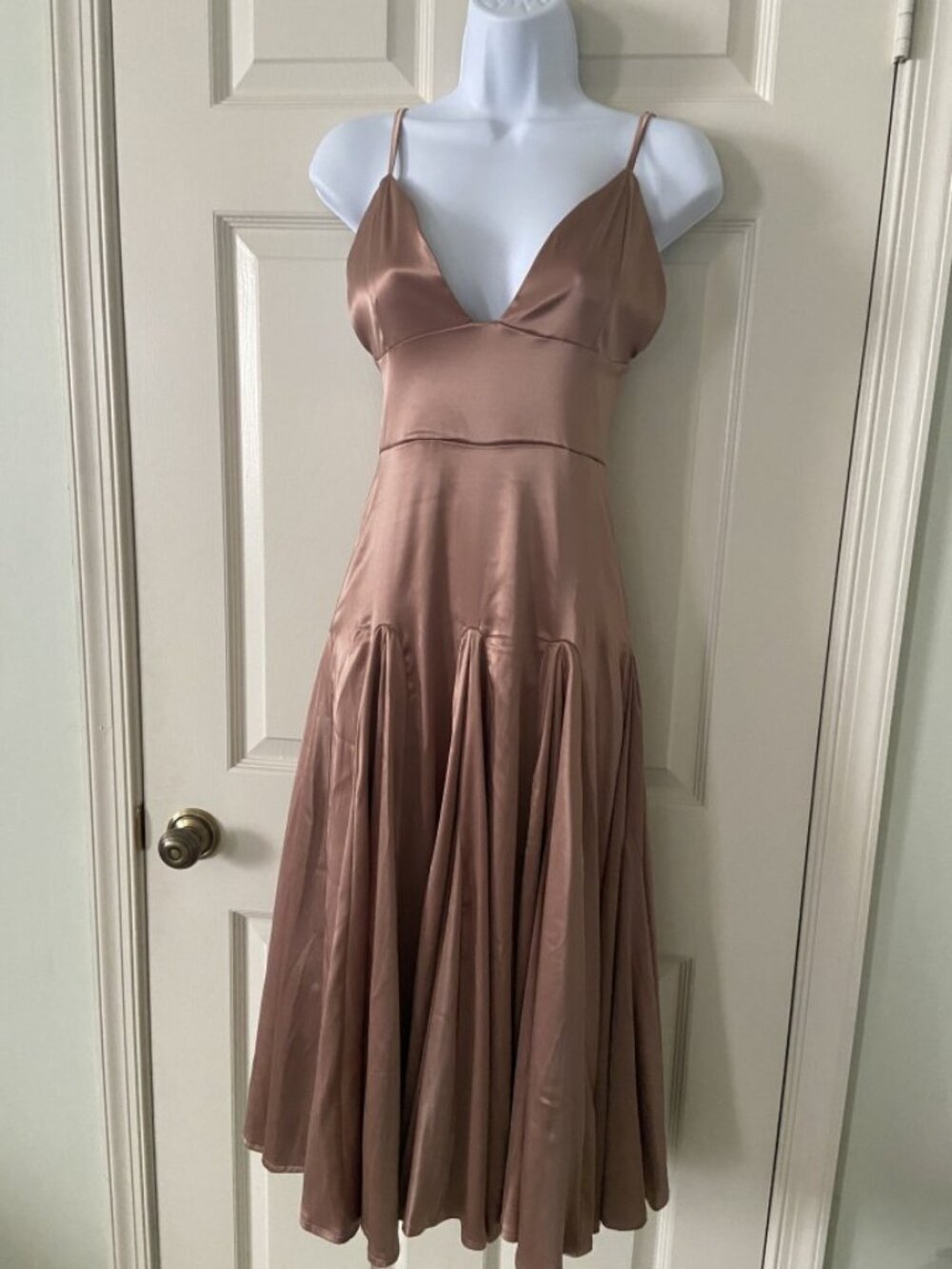 AKIRA Regal Queen Brown Satin Godet Midi Dress V-Neck NWT Size XS